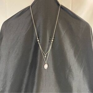 Layered Silver Chain Necklace with Rose Quartz Pendant